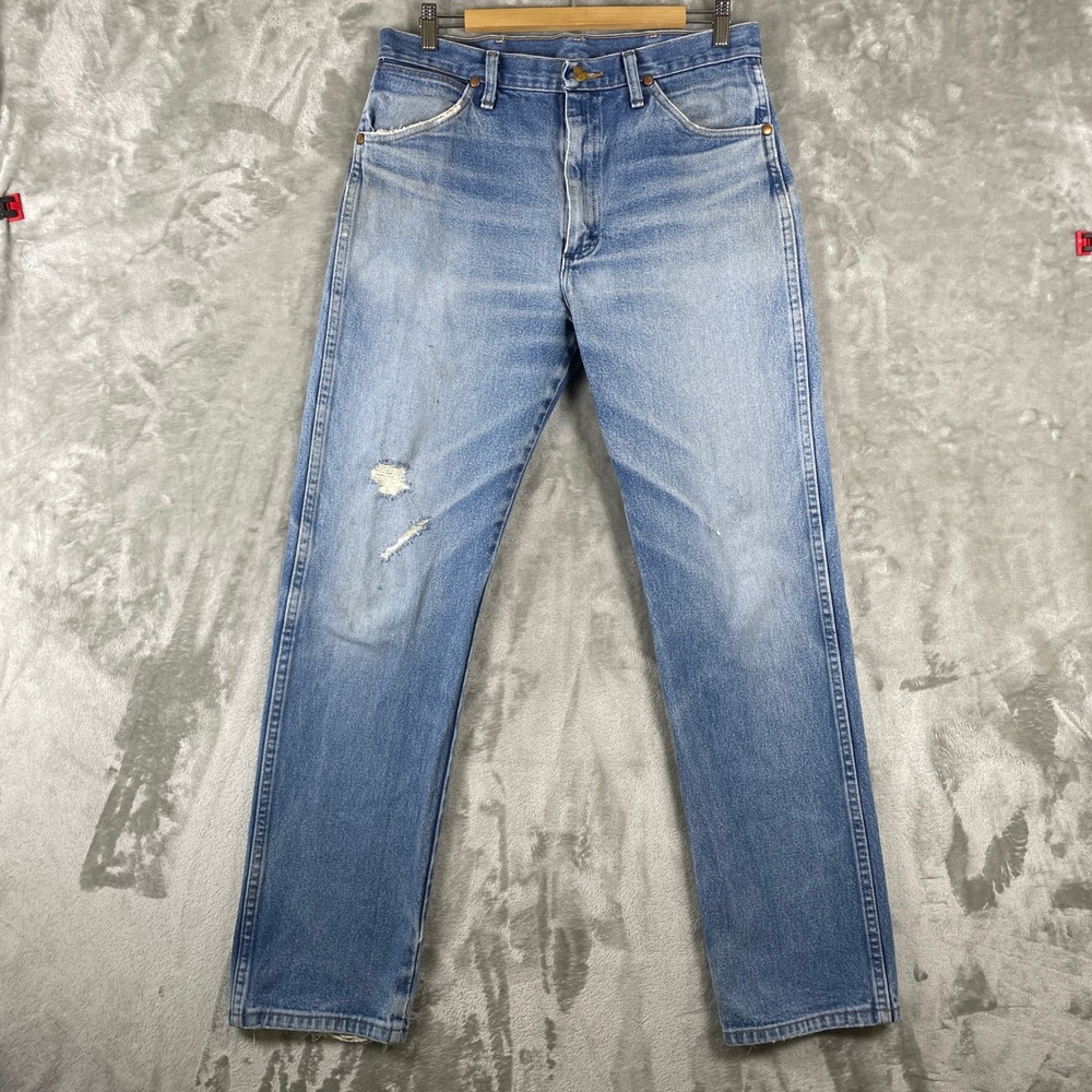 Wrangler Jeans Mens 34x34 fits 33x32 Blue 13MWZ Cowboy Cut Distressed Whiskers